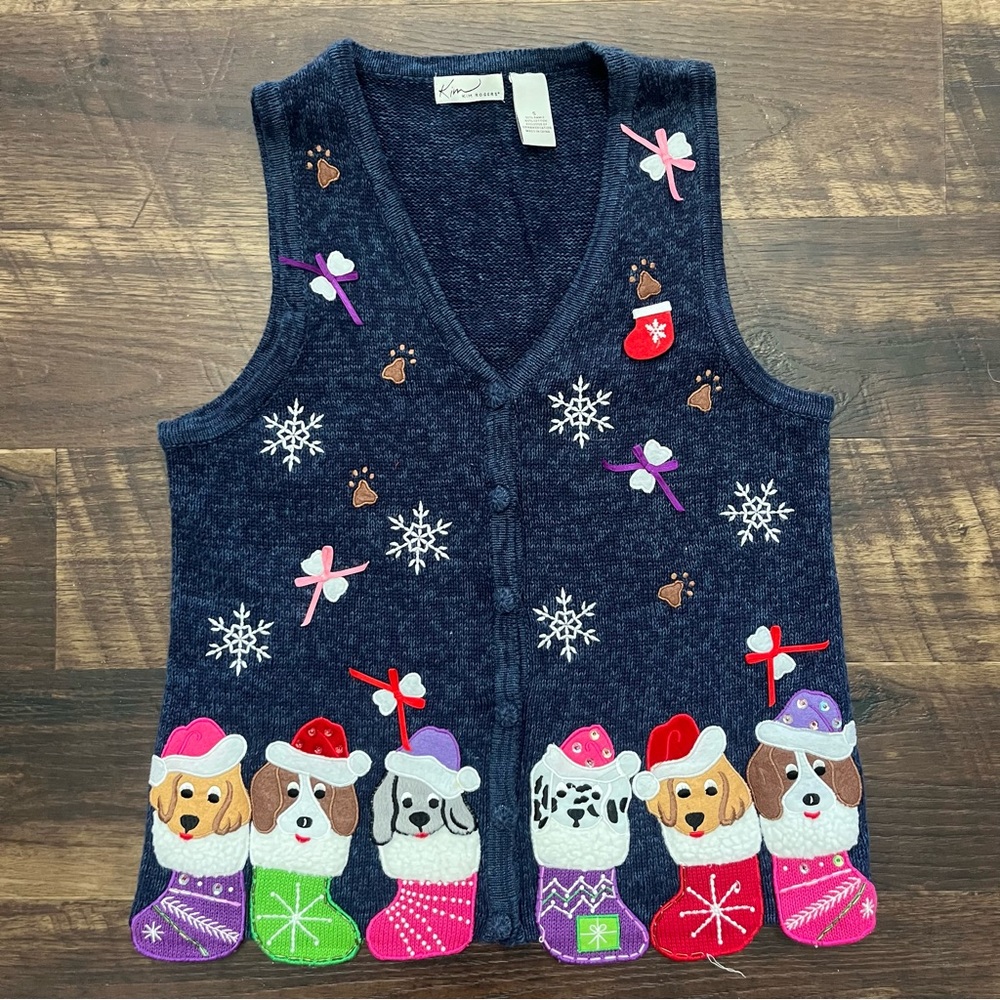 Kim Rogers Navy Blue Holiday Dog Embroidered Vest